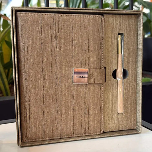 Conjunto de Bloco de Notas e Caneta com Estampa de Madeira